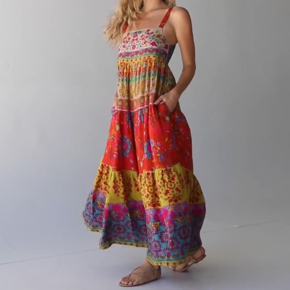 NATURAL LIFE Dresses & Skirts - Natural Life Patricia Maxi Dress in Red Mustard Border Boho Festival Size XL